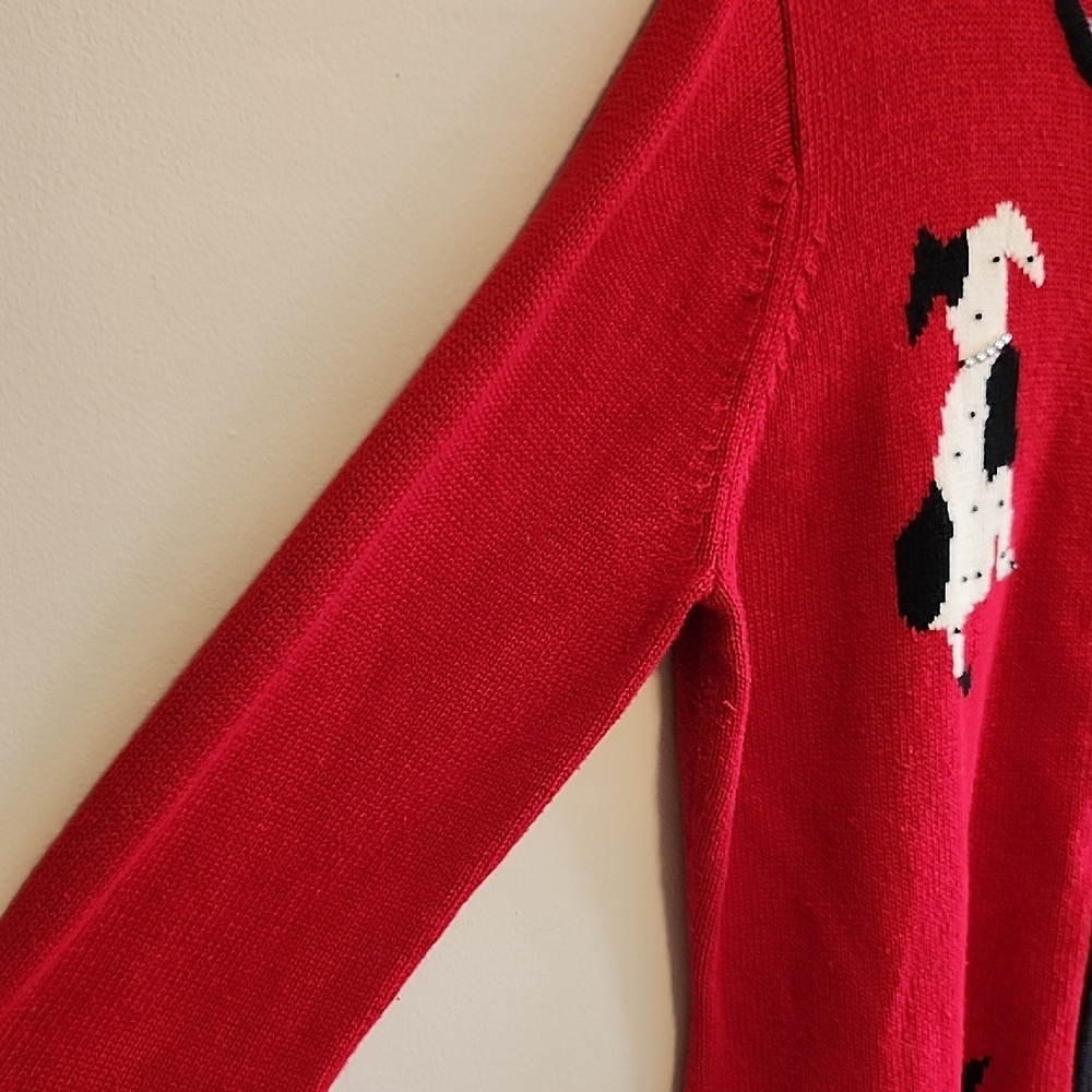 Susan Bristol Red Full Zip Festive Cardigan Dog Motif Animal Print Cottagecore - Picture 6 of 11